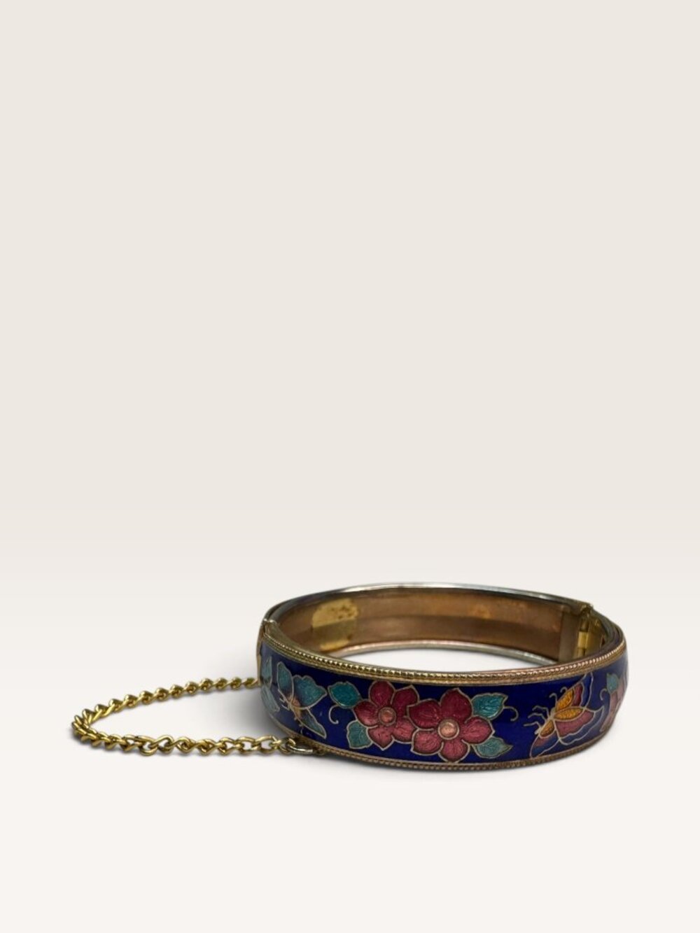 Cobalt Blue Cloisonne Enamel Floral Butterfly Hinged Bangle Bracelet 6.75"